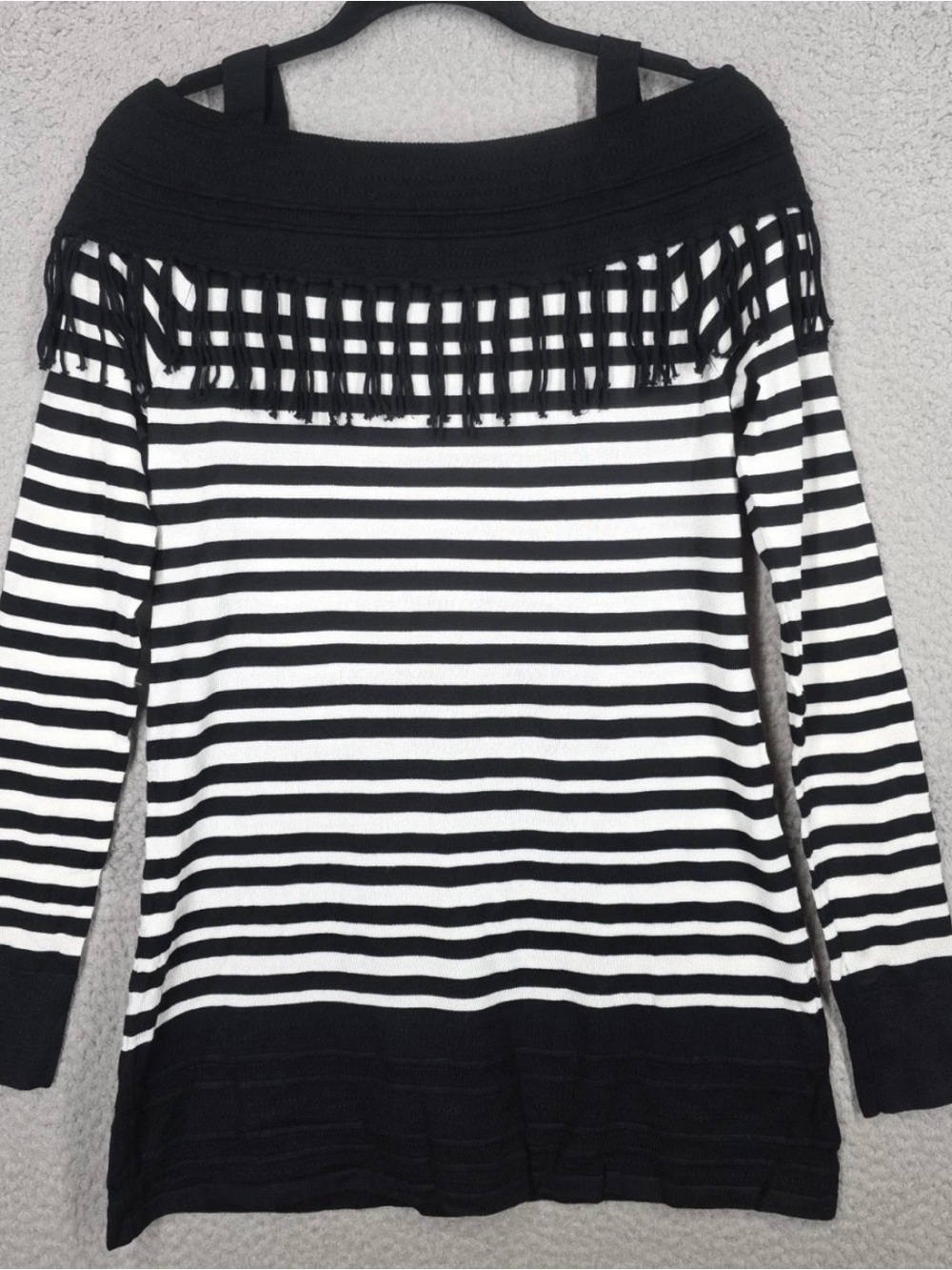 White House Black Market Black and White Striped Fringe Knit Top